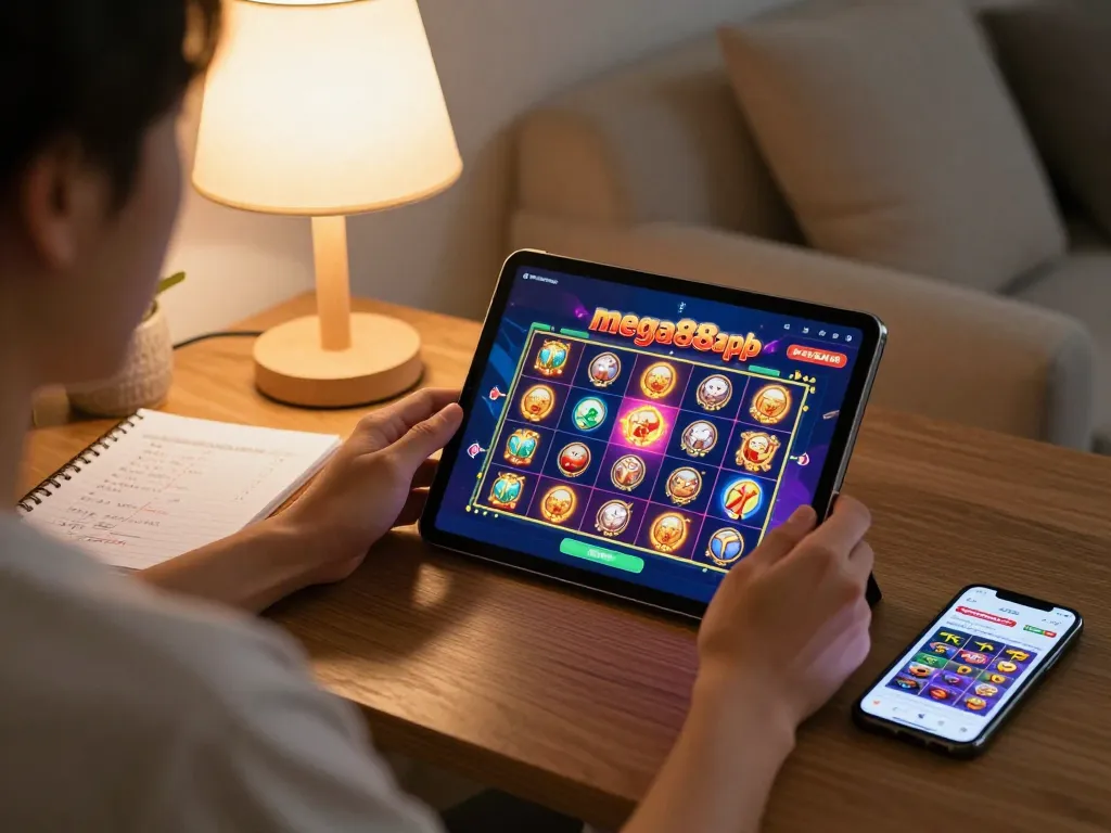Player engaged with the mega888 apk while gaming at home, showcasing vibrant slot game interface.
