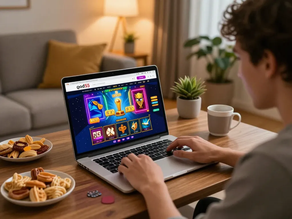 Player enjoying an exciting gaming session on god55, showcasing interactive online casino games in a cozy home setting.