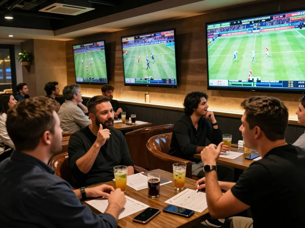 Engaged bettors analyze odds in a vibrant gameradar sports betting lounge, discussing live events.