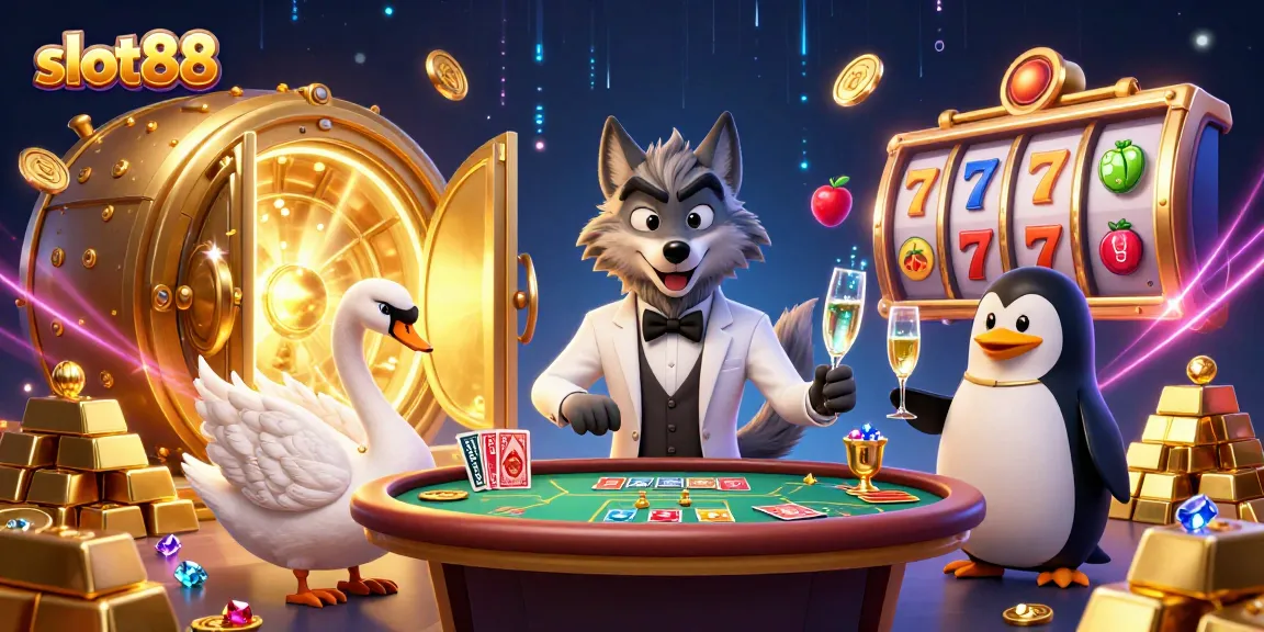 Putar gulungan dengan slot88 dalam suasana kasino glamor yang menampilkan serigala yang tampan dan karakter-karakter elegan.