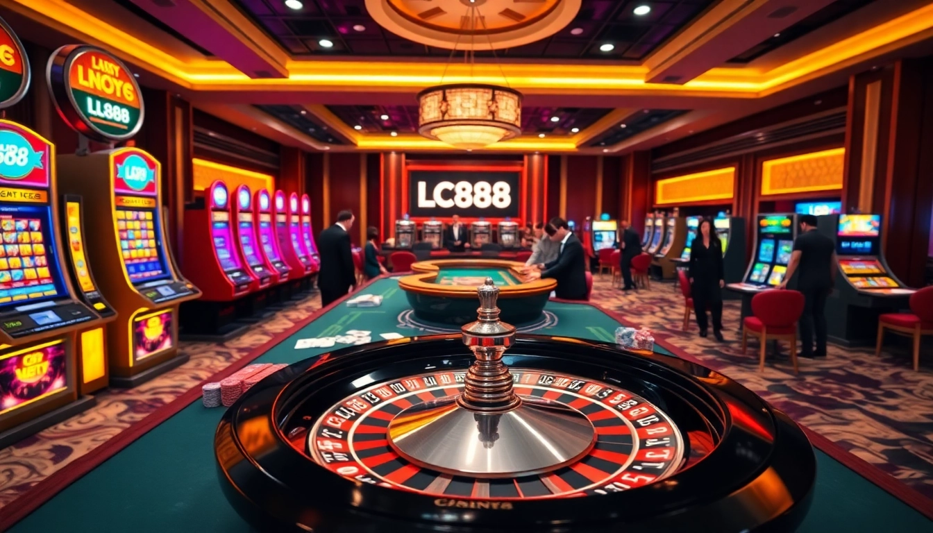 Engage in thrilling casino games at LC88, featuring vibrant gaming tables and slot machines.