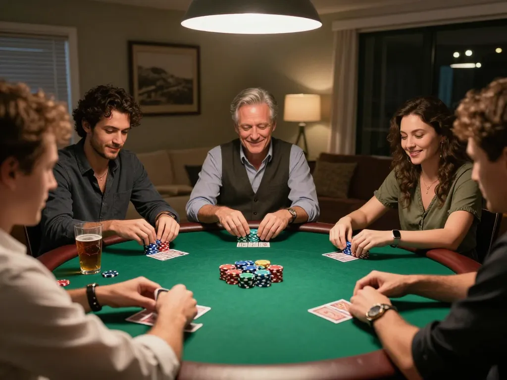 Exciting poker night at home with friends playing, engaging in strategy, and enjoying the game while đăng ký go8 for more thrills.