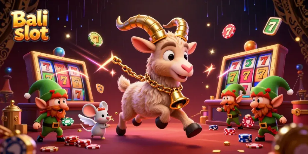 Engage in Bali slot action with a lively cartoon scene depicting casino elements and characters.