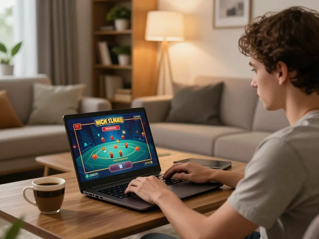 nk88 player enjoying online casino gaming in a stylish living room setting
