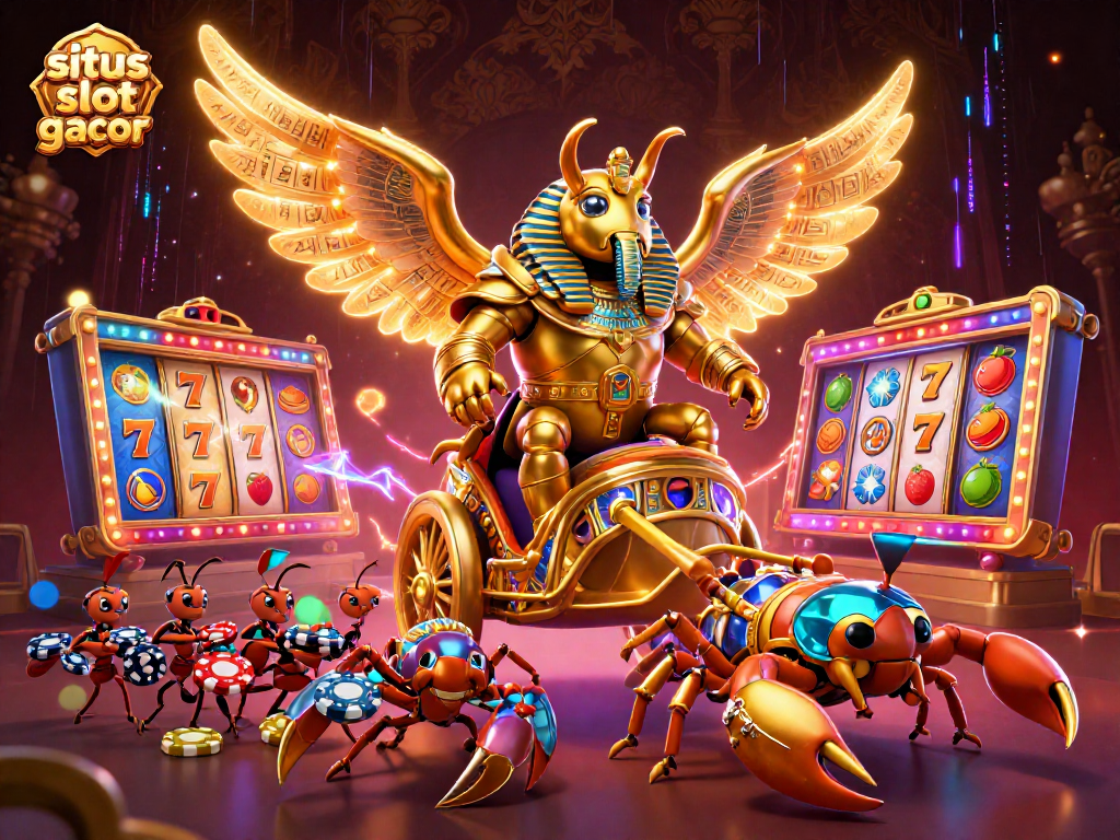 Experience excitement with situs slot gacor featuring a golden scarab beetle, vibrant slot reels, and thrilling gaming elements.