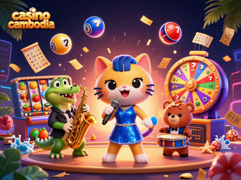 Engage with the vibrant atmosphere at casino cambodia with cartoon characters celebrating casino games.