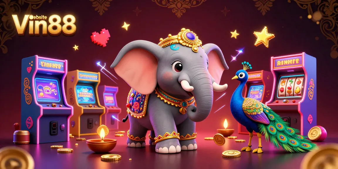 Experience excitement at website Vin88 with vibrant casino-themed 3D illustration showcasing games and characters.