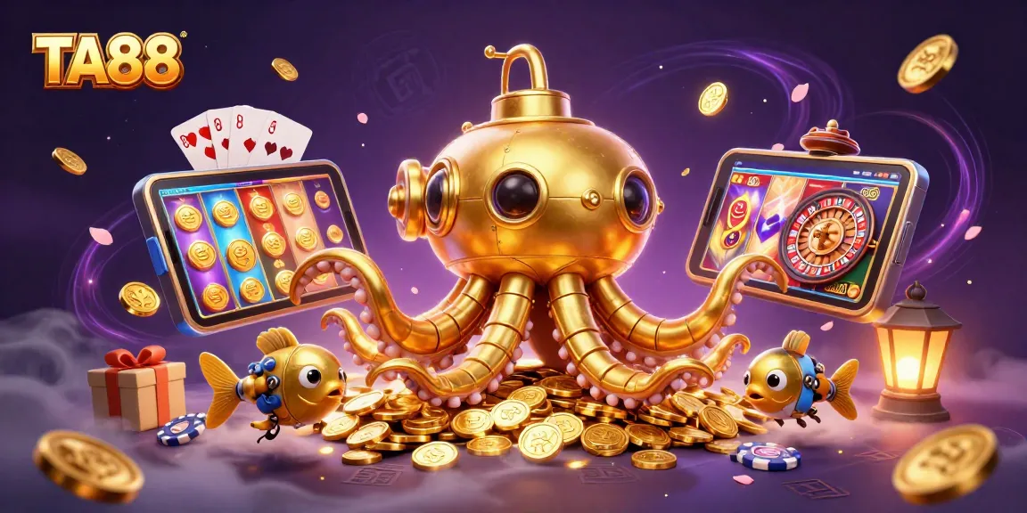 Experience the excitement of TA88 with a vibrant 3D casino illustration featuring a golden kraken and slot game action.