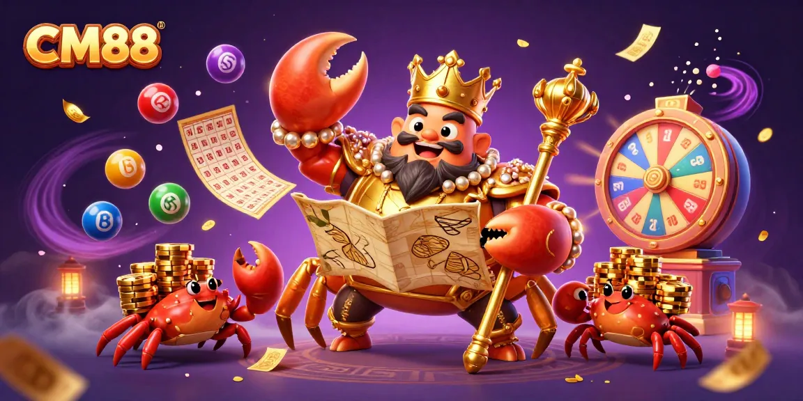 Experience the excitement of casino gaming with CM88's vibrant illustration showcasing a golden crab emperor amidst a dynamic gaming atmosphere.