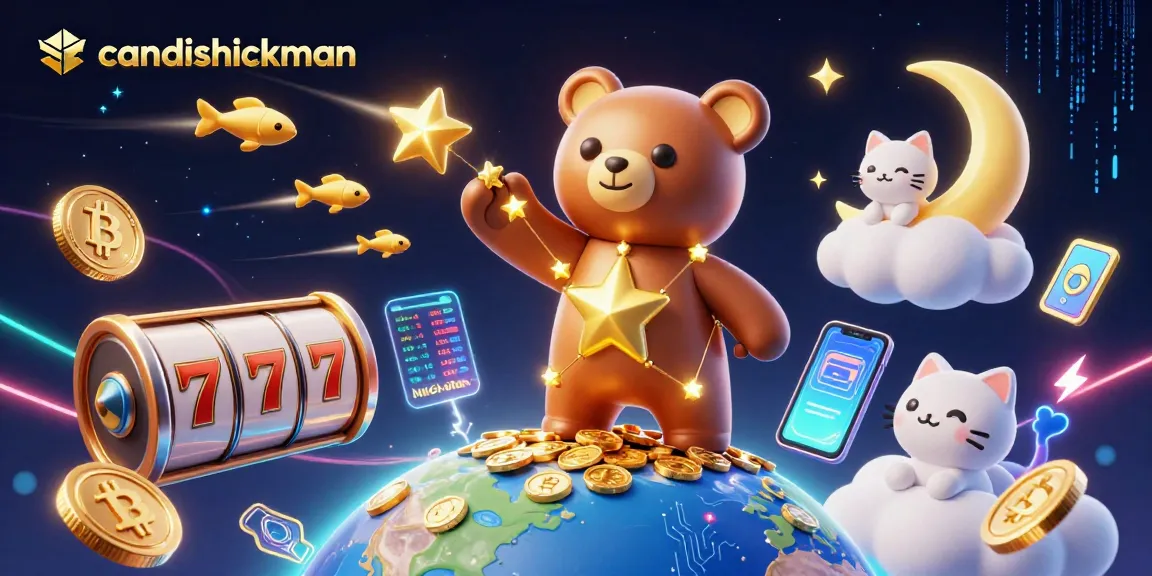 Experience candishickman with stunning 3D illustration showcasing vibrant casino elements and cosmic characters.