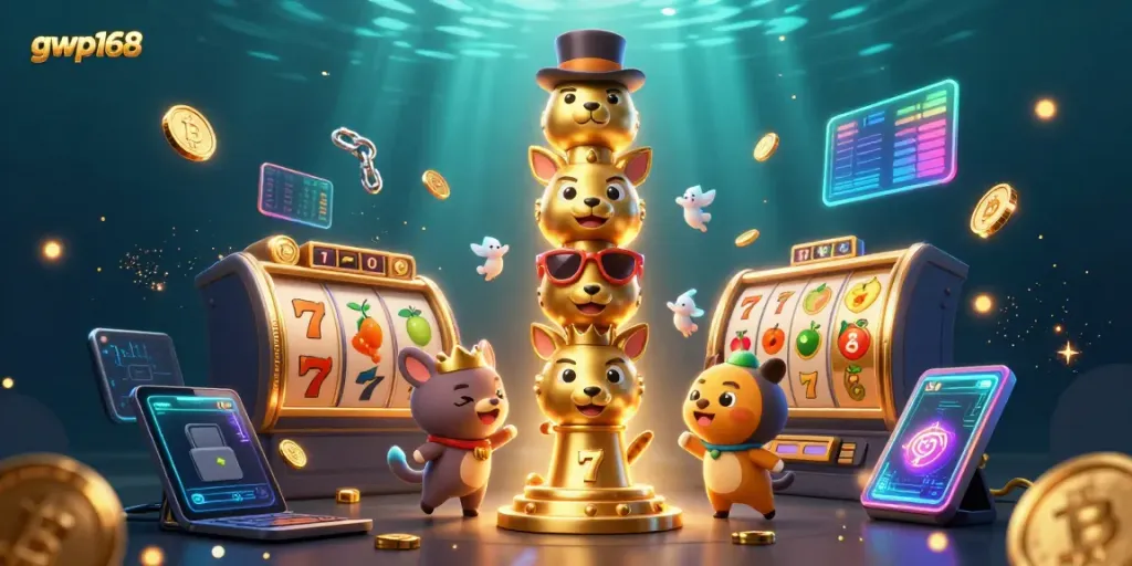 Rasakan keseruan bermain slot di gwp168 dengan totem keberuntungan dan simbol permainan yang animatif.