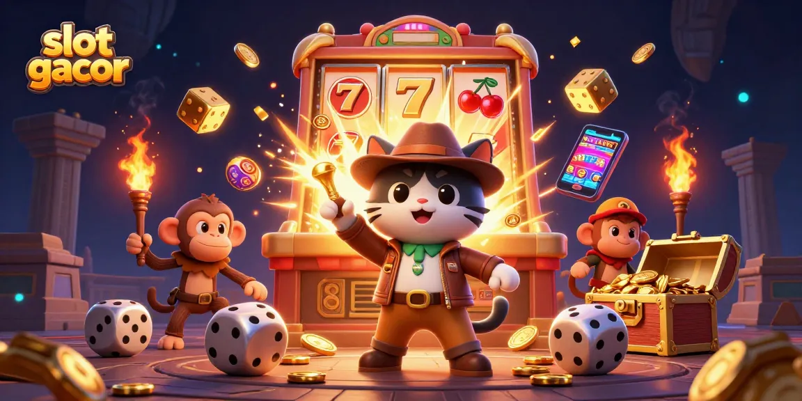 Experience exciting slot gacor moments with an adventurous cat explorer in a vibrant casino scene.
