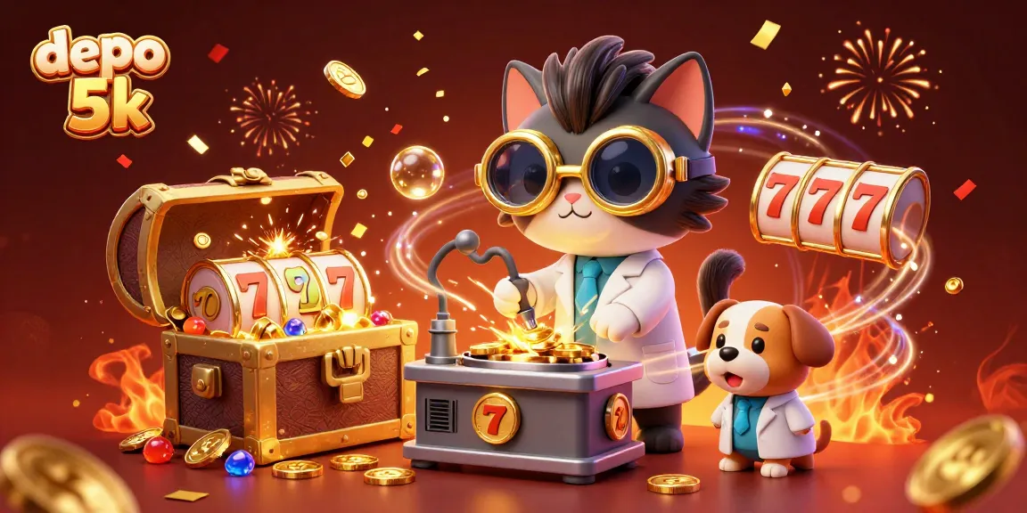 Spin the reels with depo 5k, featuring a vibrant 3D casino scene with mad scientist characters and gold treasures.