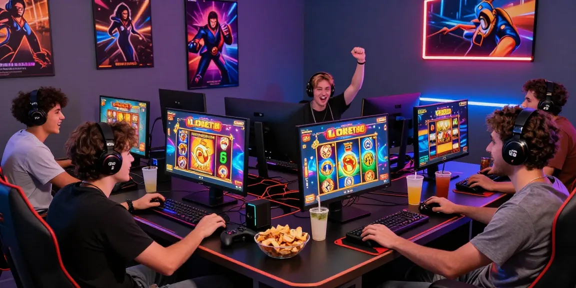 Friends enjoying LOKET88 slot games together, showcasing excitement and vibrant gaming atmosphere.