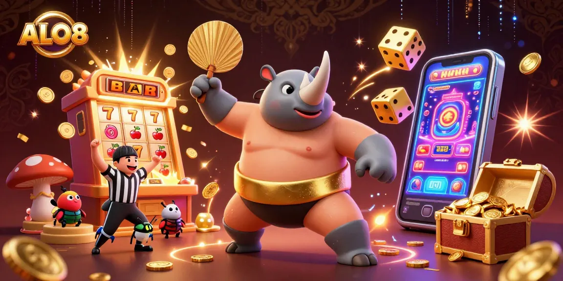 Spin the reels at ALO8 with a dynamic illustration of exciting casino elements in action.