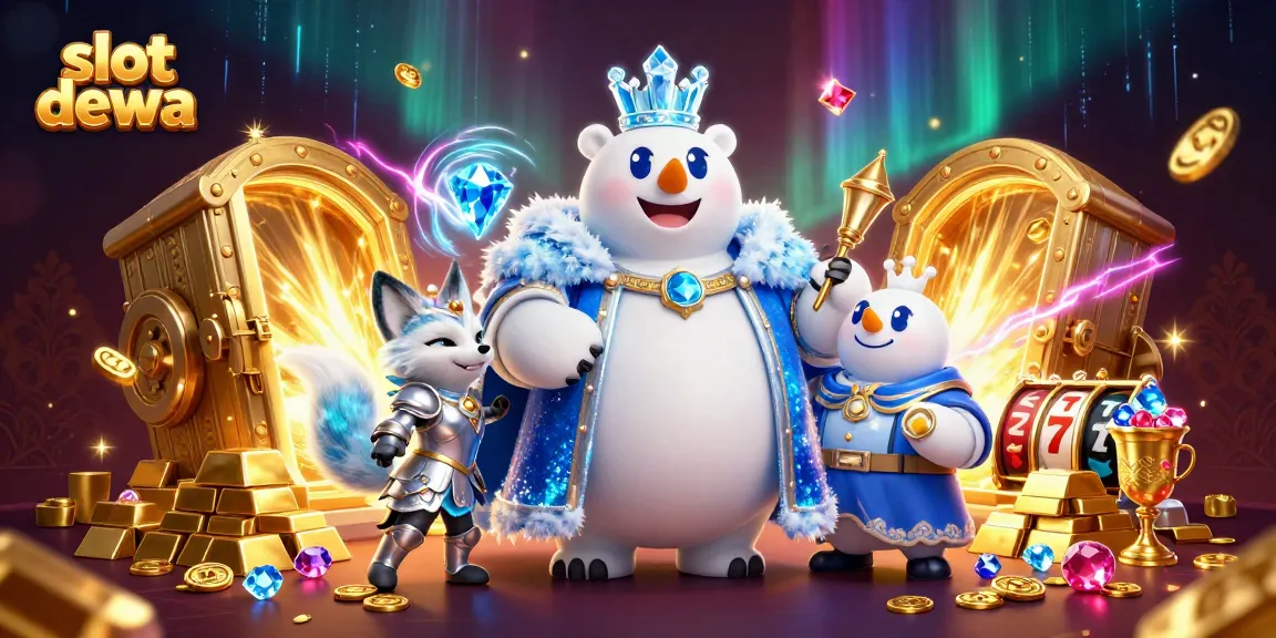 Menangkan jackpot besar dengan permainan slot dewa yang menampilkan karakter raja beruang kutub dan rubah salju yang dikelilingi harta karun.