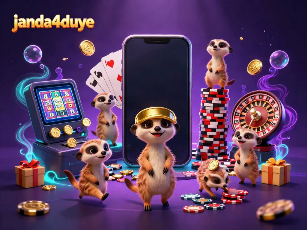 JANDA4DUYE menampilkan simulasi kasino online dengan koloni meerkat mengelola permainan slot yang berwarna-warni.