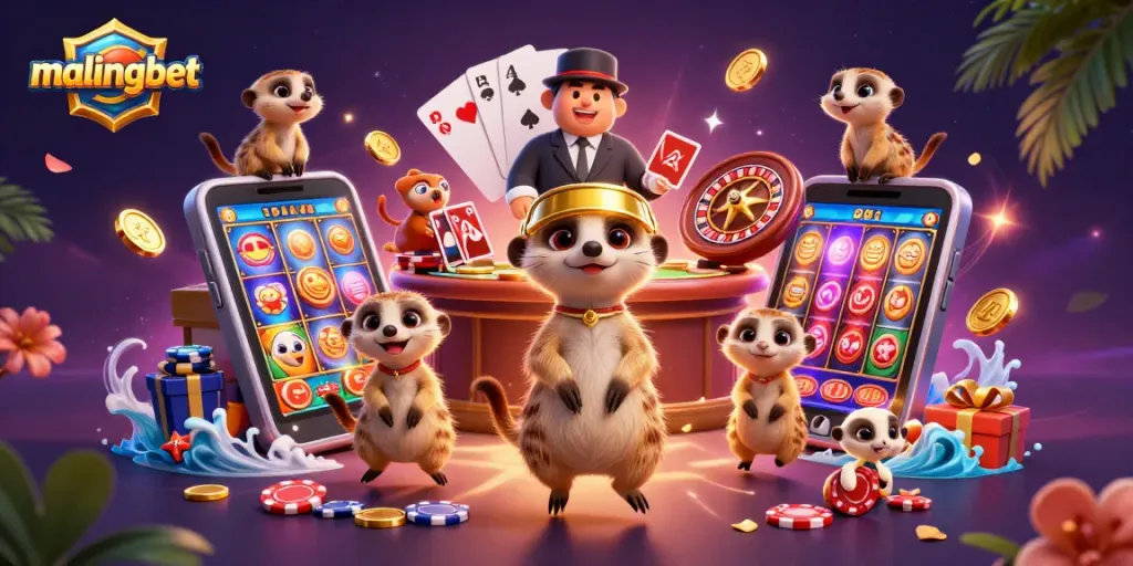 Meerkat menjalankan operasi kasino di malingbet, menunjukkan permainan slot dan chip emas melimpah.