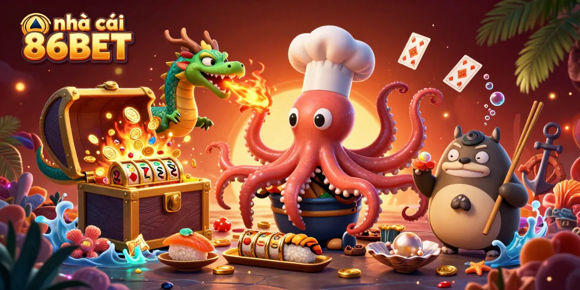 Engage with nhà cái 86BET through a dynamic 3D casino scene featuring vibrant characters and gold-filled treasures.