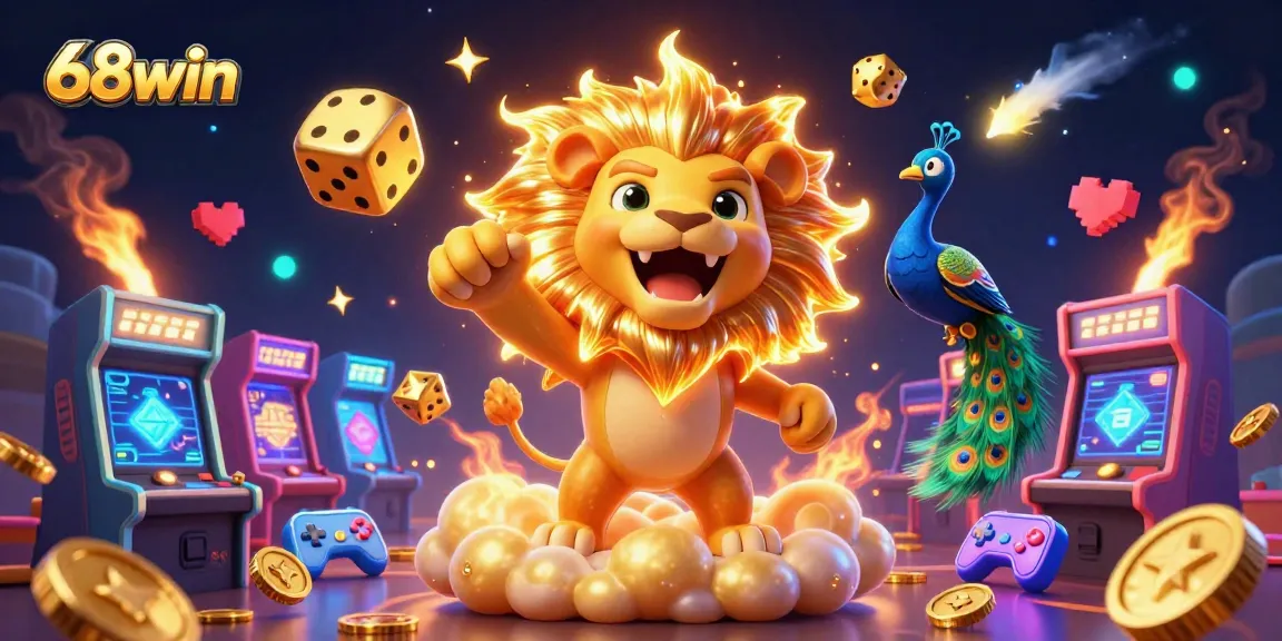 Engage in fun at 68win with golden dice, a roaring sun lion, and colorful game elements.