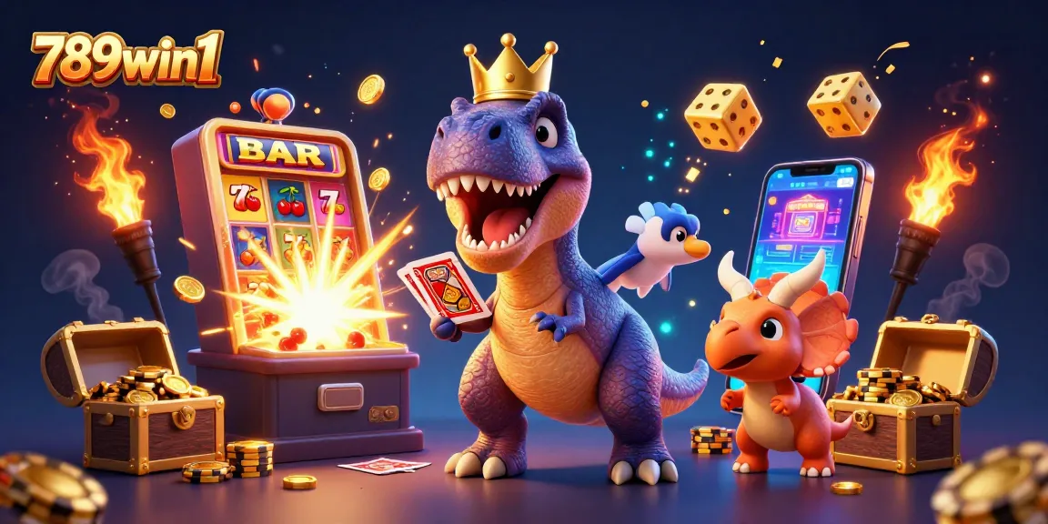Engage with the vibrant casino world of 789win1 featuring a T-Rex dealing cards amidst dynamic slot actions.