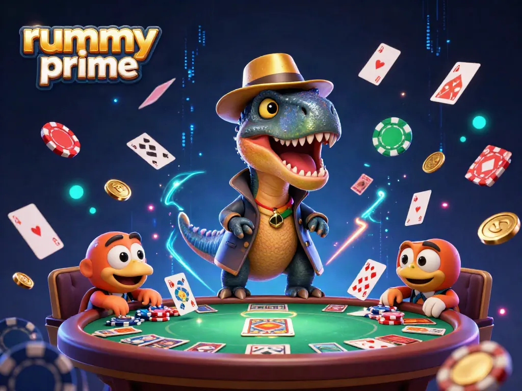 Experience thrilling rummy prime gameplay with cartoon characters at a vibrant table surrounded by rummy elements.