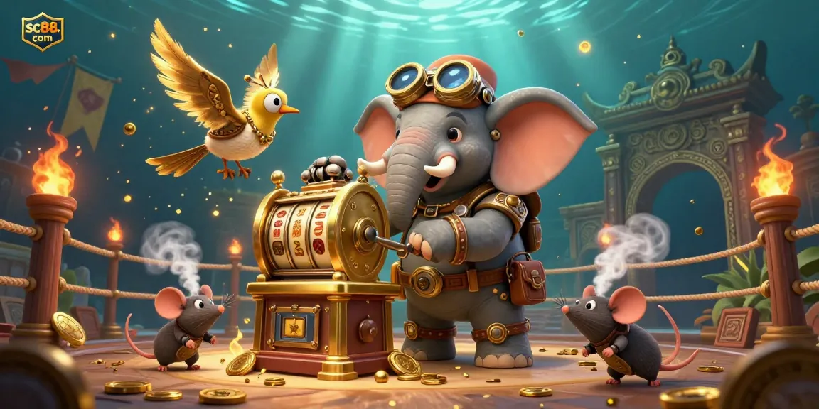 Spin to win with sc88. com in this vibrant steampunk casino scene featuring exciting games and animated characters.