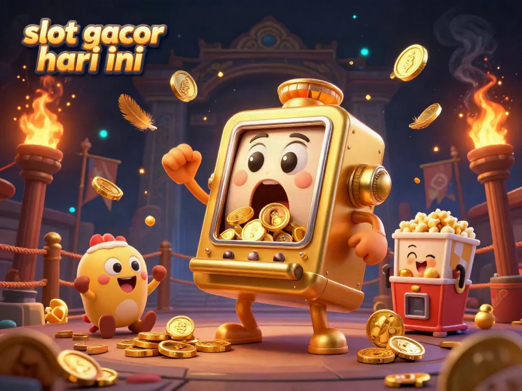 Slot gacor hari ini, mesin slot emas kartun merayakan jackpot dengan koin berhamburan.