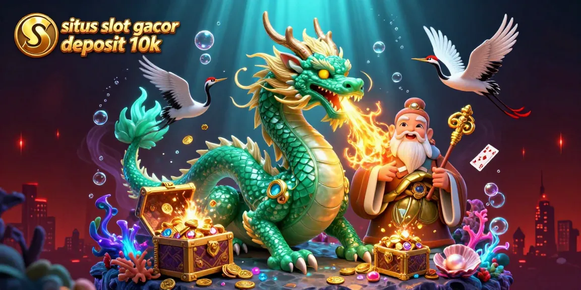Experience the magic of situs slot gacor deposit 10k with an emerald dragon and lucky cranes in a dynamic casino scene.