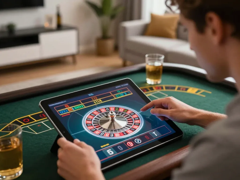 Player engaging in a virtual roulette game on VN789, showcasing strategic betting decisions in a modern home setting.