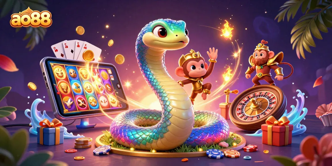 Engage with ao88's vibrant online gaming ecosystem showcasing dynamic casino elements and enchanting characters.
