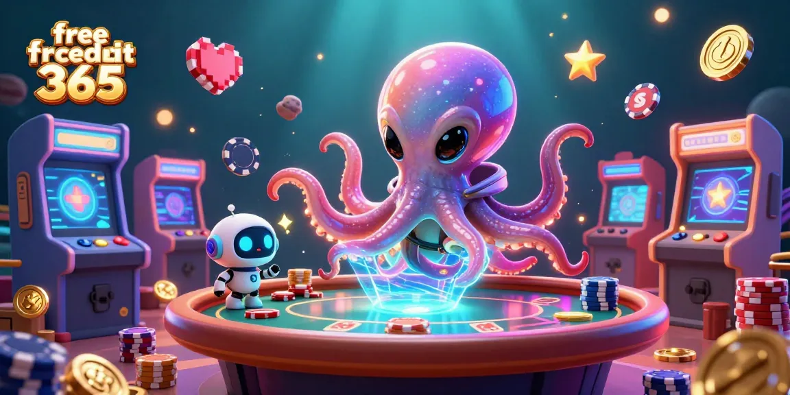 Engage in exciting gameplay with free credit 365 as an alien octopus operates a poker table amid glowing casino elements.