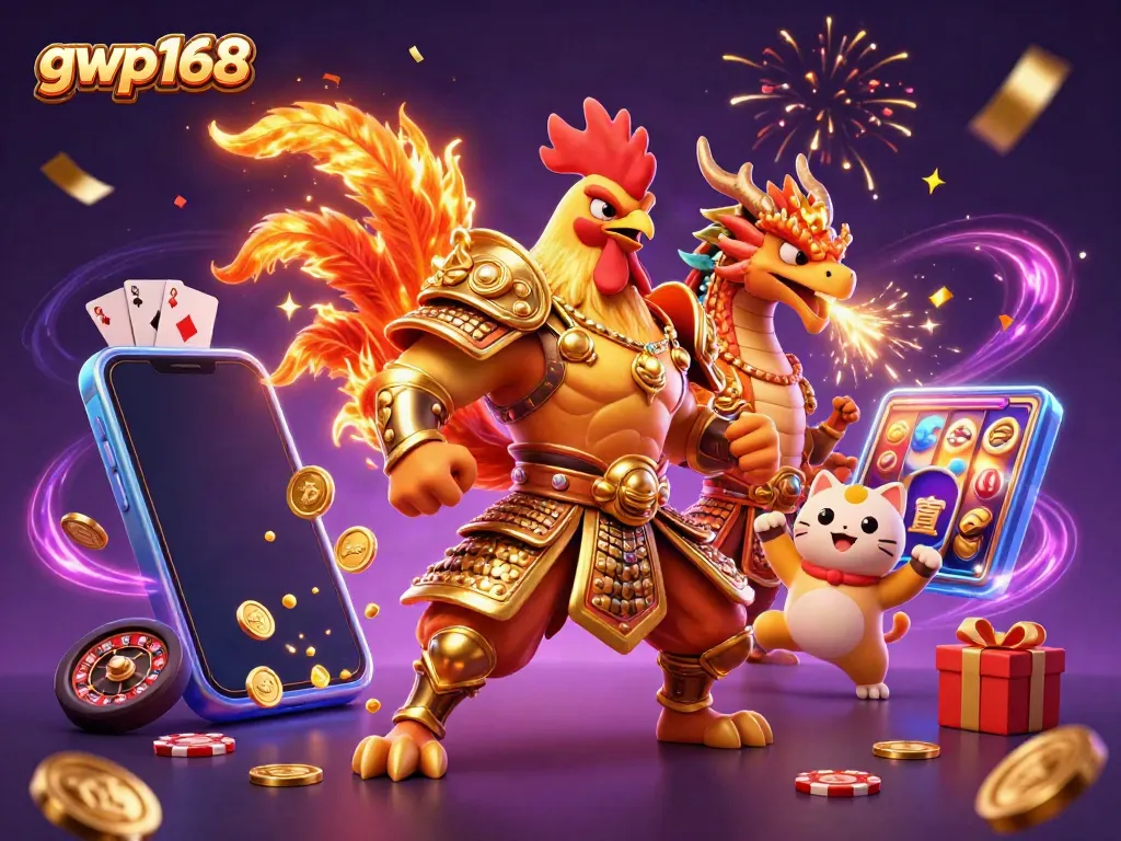 Menggoda kemenangan dengan gwp168: ilustrasi 3D menarik ayam jantan dan naga yang menghidupkan permainan slot.