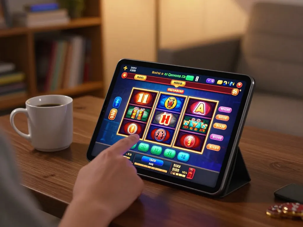 Player enjoying casinos not on gamstop on a tablet, warm home atmosphere indicating responsible gaming.