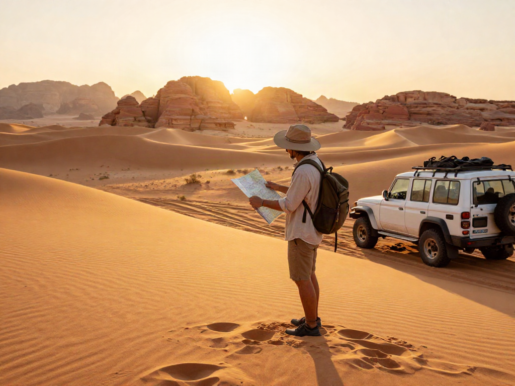 Traveler exploring desert landscape at sunset while holding a map in hand, feeling the adventure of slotting into nature.