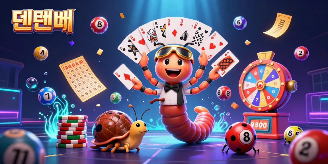 Play dynamic games at 텐텐벳 with a friendly millipede dealer surrounded by colorful lottery elements.