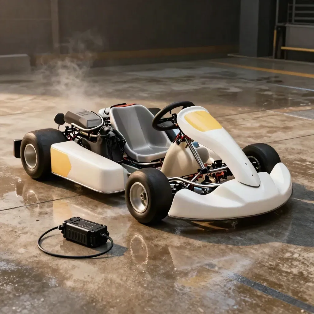 White electric go-kart in a wet concrete bay with vapor and glossy reflections.