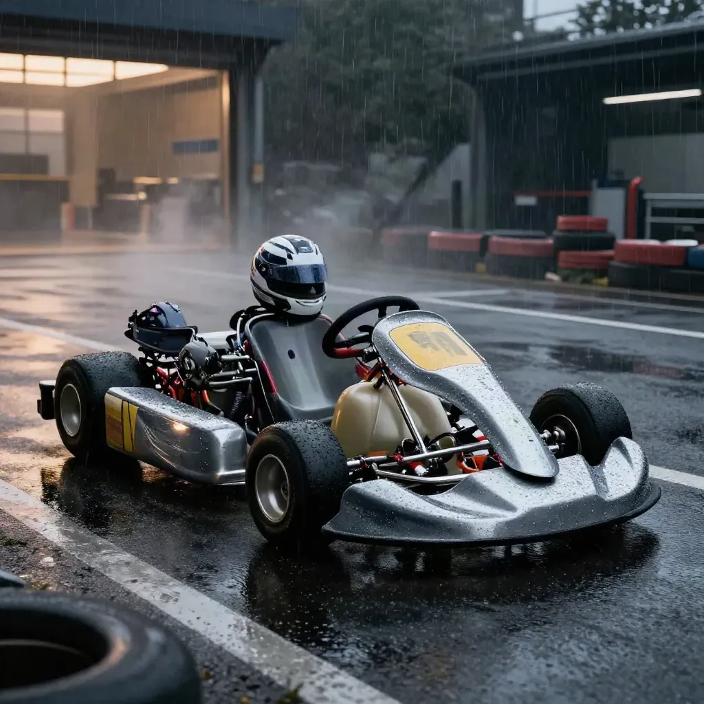 Wet Tony Kart chassis on a misty pit lane with helmet and spare wheels in dramatic light