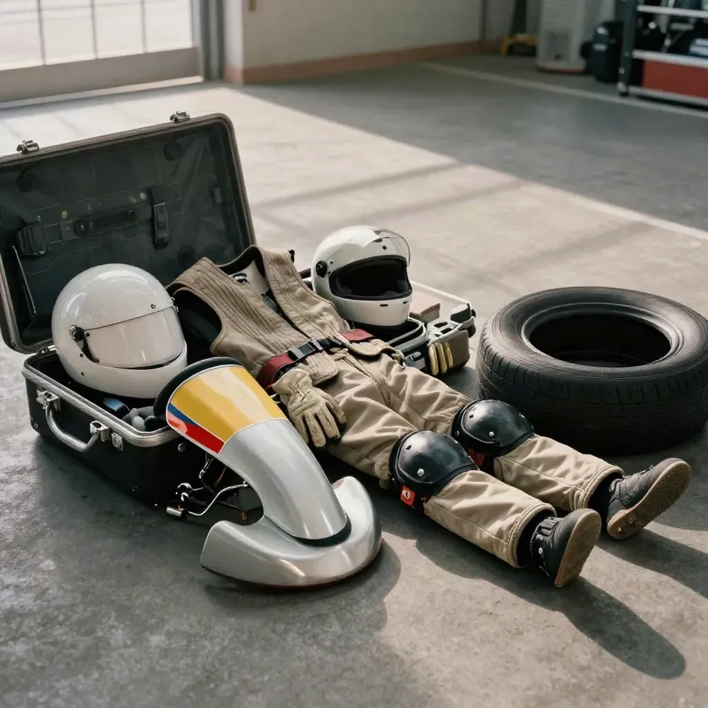 Open kart kit case with helmet, vest, gloves, pads and tire on a pit floor.