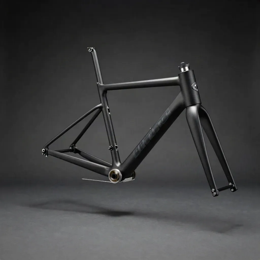 Bare black go-kart chassis with front fairing pieces and two loose hubs, floating on charcoal.