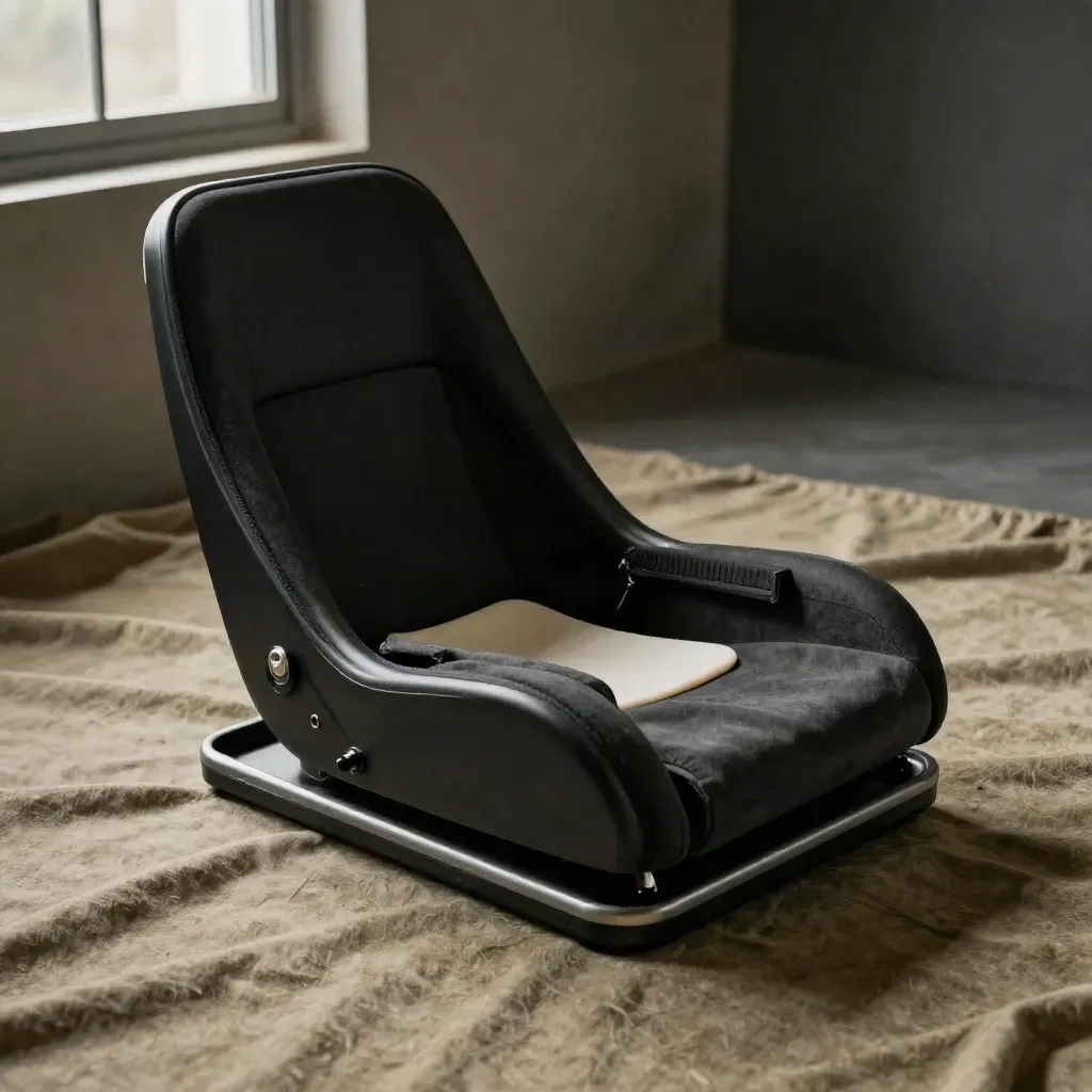 Matte black junior kart seat with foam insert, fabric drape, and neck support