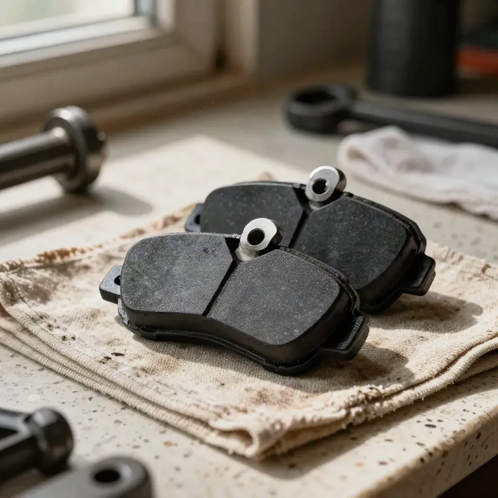 Brake pad set with shims and spacer on workshop cloth beside a blurred kart axle.