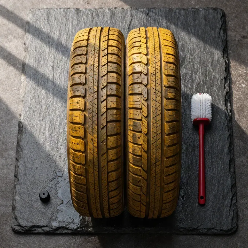 Top-down flatlay of stacked MG Yellow Sprint Tires with valve caps, brush, and wet slate sheen.