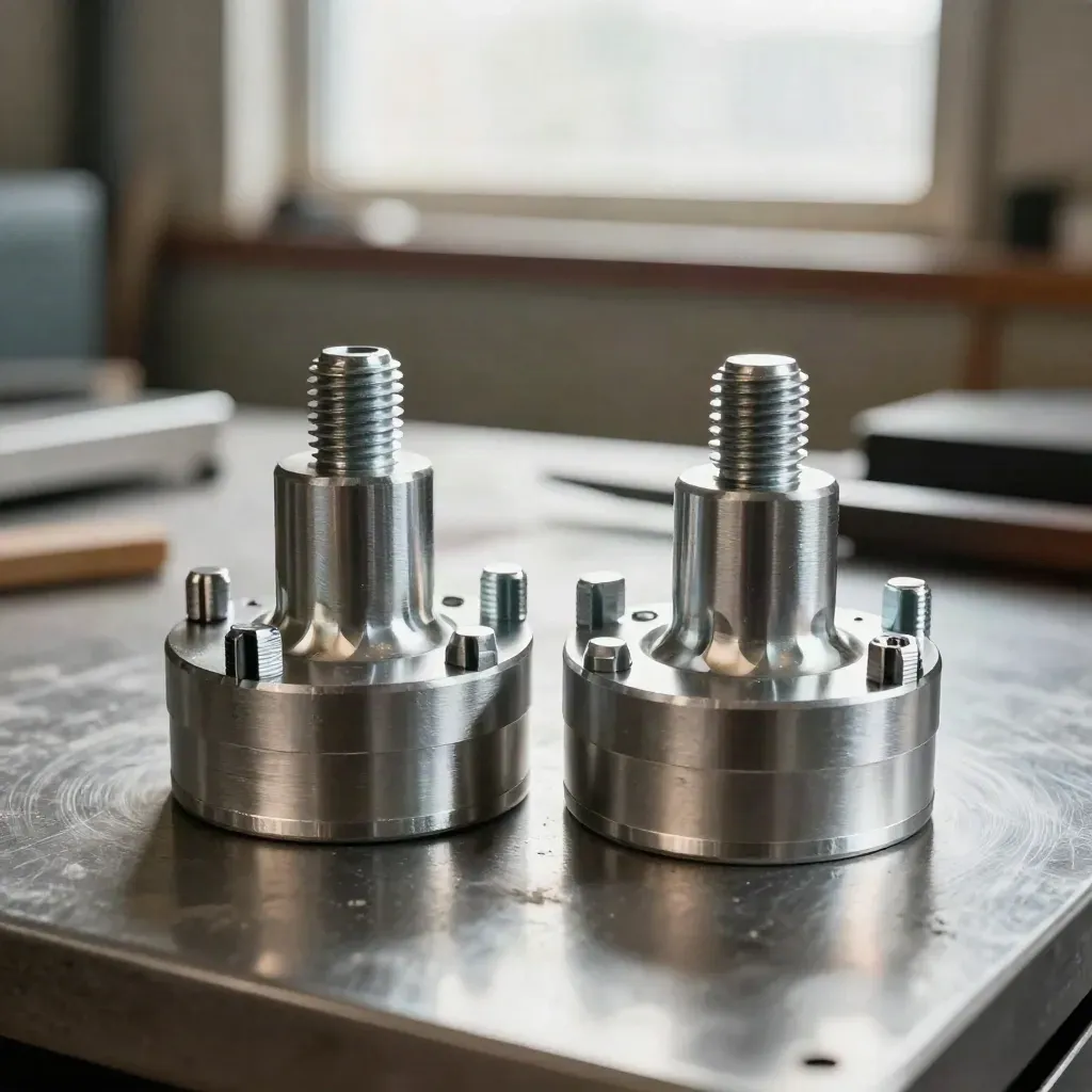 Machined aluminum kart wheel hub pair with bolts and sleeves on a metal plinth
