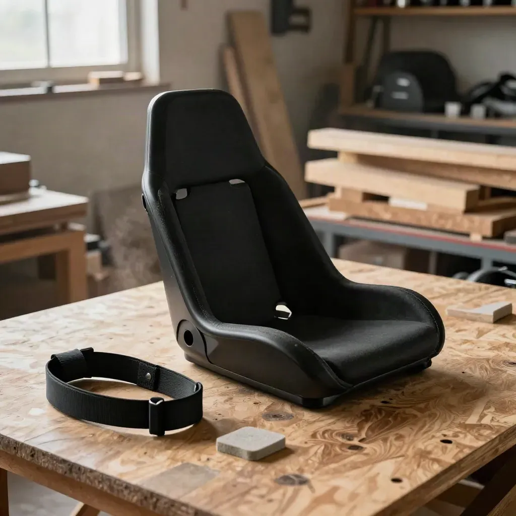 Junior black kart seat leaning on plywood with harness loop and foam insert in a hazy workshop.