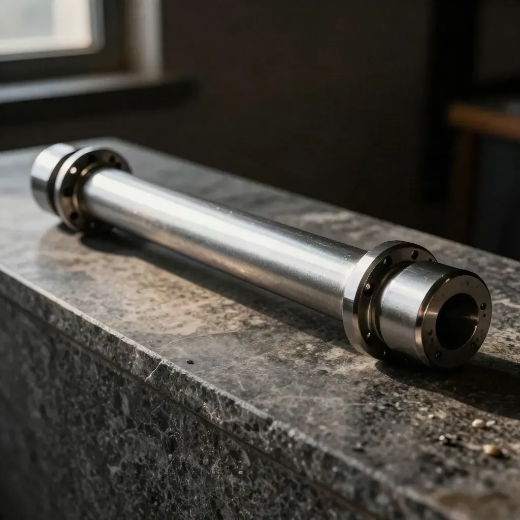 Close-up aluminum kart rear axle with hub collars and keys on dark stone.