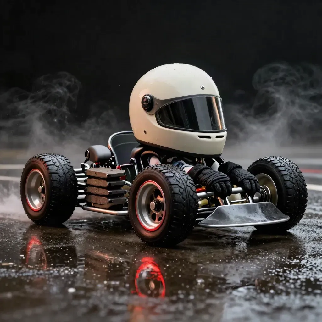 Junior kart race bundle with helmet, tires, brake pads, gloves, and seat insert on wet concrete.