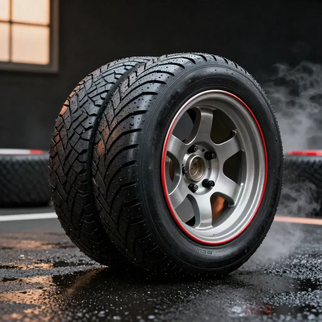 Rain kart tires stacked on wet asphalt with mist, reflections, and a red rim accent.