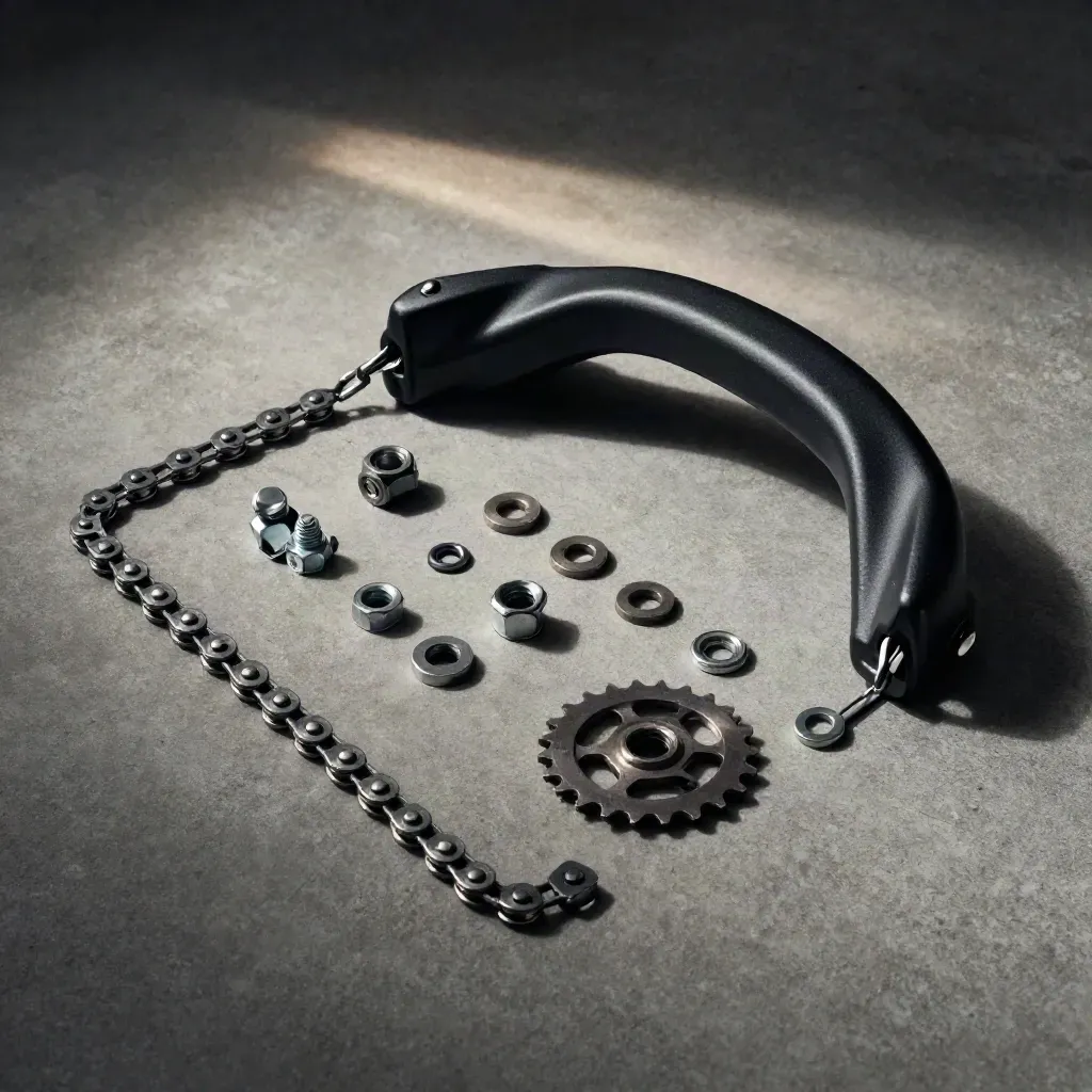 Overhead flatlay of a matte-black chain guard with chain, sprocket and fasteners on concrete.