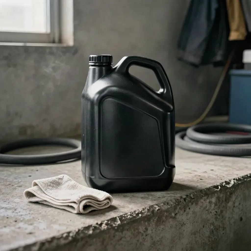 Black fuel jug with funnel and cloth beside a concrete pit edge, hose blurred in back.